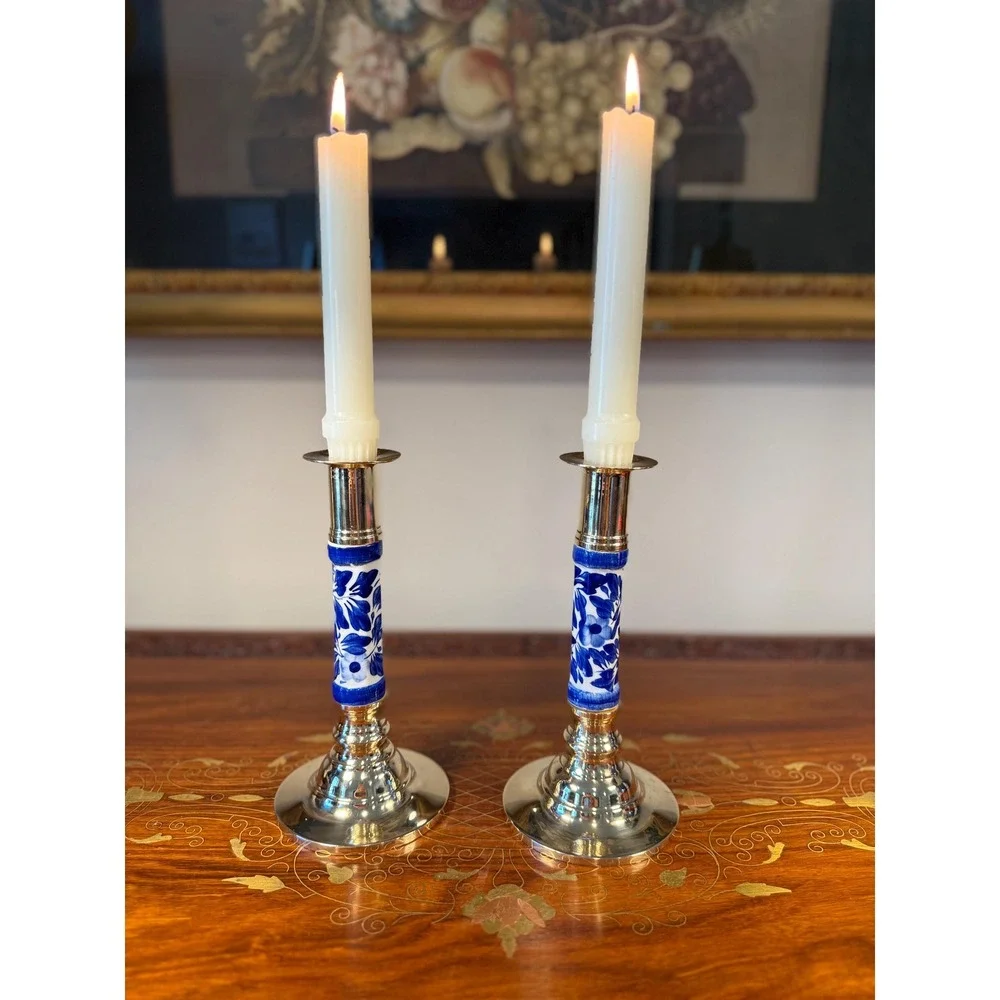 Vintage Blue White Chinoiserie Candlesticks • Brass Candle Holder Pair